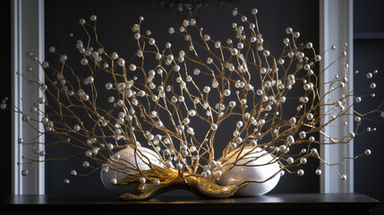 Golden and silver slender branches interweave gracefully, creating a complex geometric pattern. Each branch is adorned with white pearls that sparkle in the light. The ornament is Generative AI