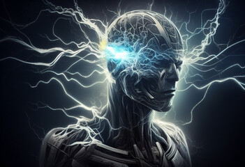 Robot producing a powerful electricity power surge force from the mind of its digital brain while machine learning, Generative AI stock illustration image