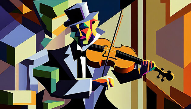 Afro-American male jazz musician violinist playing a violin or viola in an abstract cubist style painting for a music poster or musical flyer, computer Generative AI stock illustration image