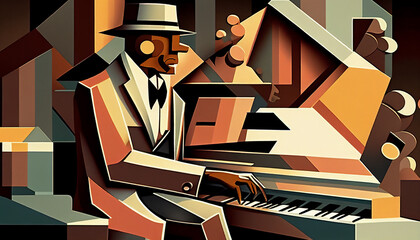Afro-American male jazz musician pianist playing a piano in an abstract cubist style painting for a poster or flyer, computer Generative AI stock illustration image