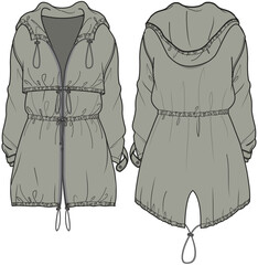 Winter Anorak Jacket, Parka Jacket Front and Back View. Fashion Illustration, Vector, CAD, Technical Drawing, Flat Drawing, Template, Mockup.  © Jasmin