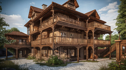 Fototapeta premium Generate a description of a beautiful wooden structure in a rustic style with a beautiful wooden background.