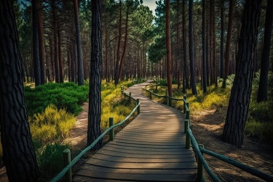 serene wooden pathway surrounded by lush greenery in a forest. Generative AI