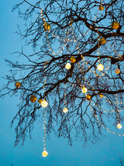 Christmas lights hanging on tree branches in the evening, vintage style.
