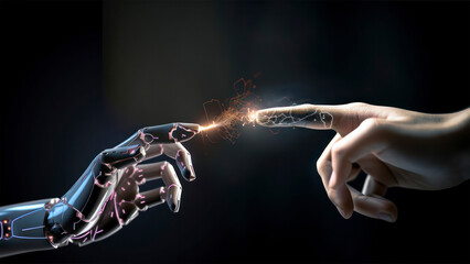 Human hand touching robot hand and the sparkle of life appear making the robot a life AI creature. Generative AI