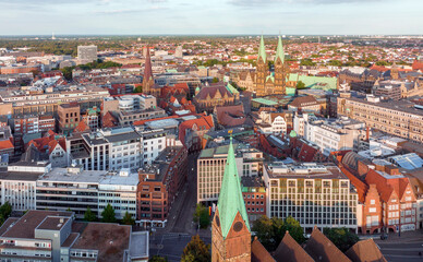 Bremen, Germany. Aerial View on Historical Center of Bremen, Marktplatz at Sunrise.