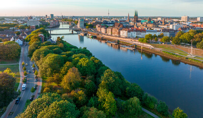 Bremen, Germany. Aerial View on Historical Center of Bremen, Marktplatz at Sunrise.