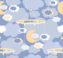 Vector seamless pattern baby toy, decoration for newborn baby crib. Mobile with pendants of the moon and clouds. Design for printing on textiles, paper, packaging, wallpaper.
