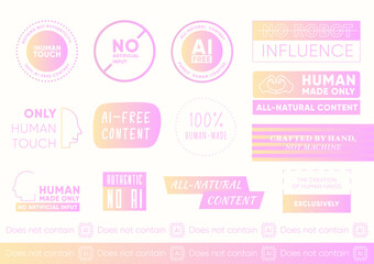 Ai free icons. Non neural network label set. No artificial intelligence design elements for tags, labels, stickers, marks, stamps, logo, signs symbols and emblems. Vector isolated illustration set.