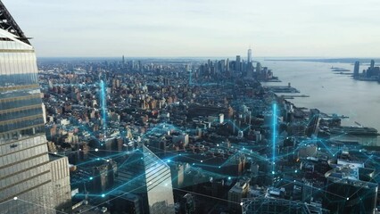 Data spreading over street and buildings in the Manhattan New York - VFX render - Powered by Adobe