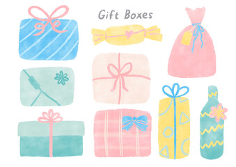 Presents, gift boxes Cute hand-painted watercolor illustration set in pretty colors / プレゼント、ギフトボックス  きれいな色のかわいい手描きの水彩イラストセット