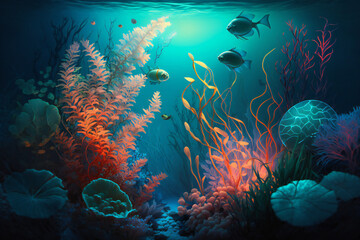 Fototapeta na wymiar An underwater scene with a fish swimming in the water Generative AI
