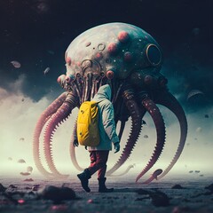 medium shot man with an octopus face walking on the moon space squid film vintage colors space lost chaos hyper detailled shot on 28mm kodak camera realistic photography v 5 169 chaos 0  - obrazy, fototapety, plakaty