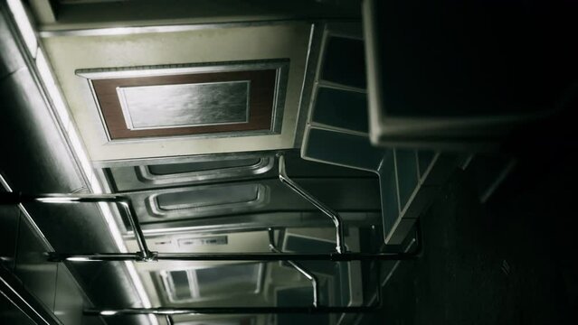 vertical empty metal subway train in urban Chicago
