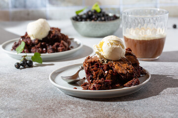 Chocolate brownie with blackcurrant on gray background. Homemade cake served with vanilla ice-cream and coffee.