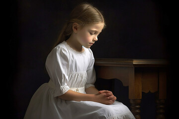 Fototapeta premium A praying girl in her first communion outfit. AI generativ.