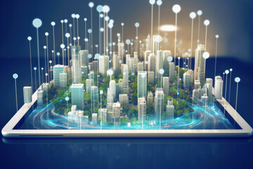 Futuristic digital layout of modern city grows from tablet. Created with Generative AI technology.