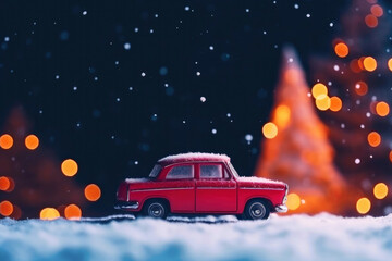 Christmas card, Christmas cheer, little red car driving down a snow-covered street against a festive backdrop. Created with Generative AI technology.