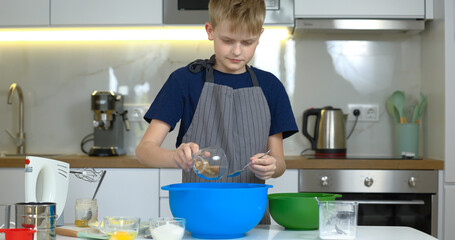 Young boy preparing dough for cookies on the kitchen alone.