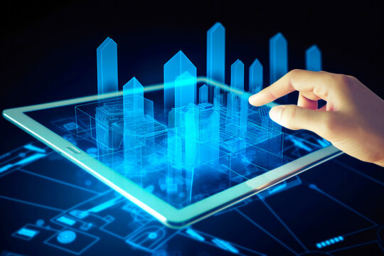 Futuristic digital layout of modern city grows from tablet. Created with Generative AI technology.