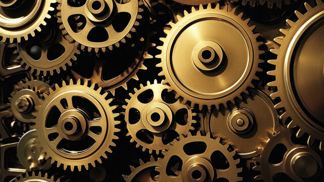 Bronze gears of one big mechanism. Concept of business and coordinated teamwork. Created with Generative AI technology.