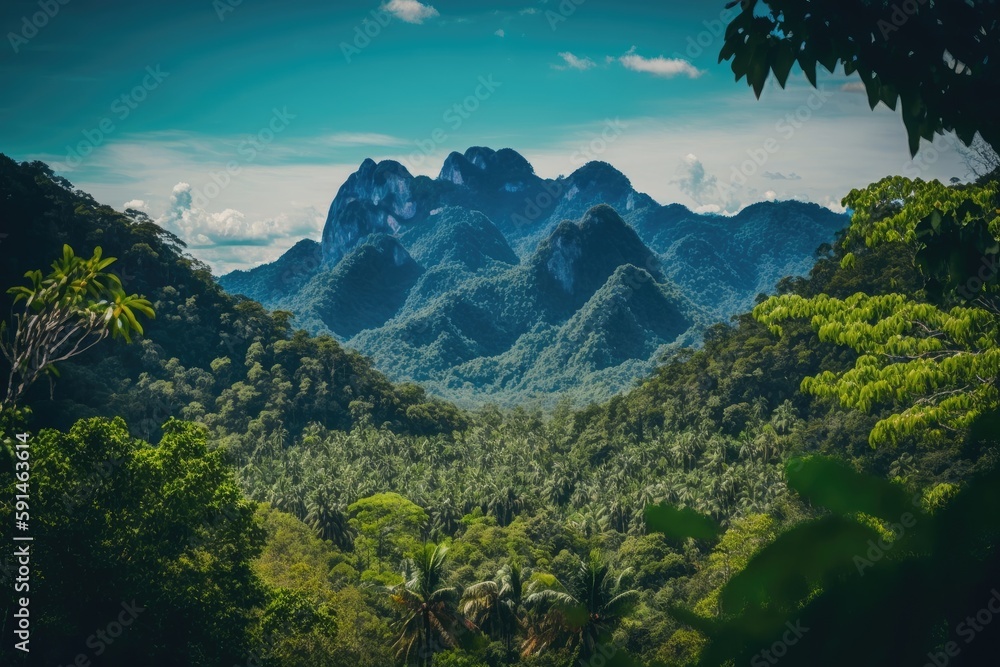 Poster dense and verdant forest with towering trees and a variety of foliage. generative ai