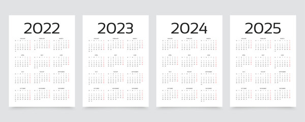 2023, 2024, 2025 years calendar. Week starts Monday. Simple calender layout. Desk planner template with 12 months. Yearly diary. Organizer in English. Pocket or wall formats. Vector illustration.