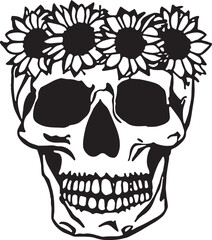 Skull with flowers, Human skull with floral wreath, Vector illustration isolated on white background, SVG