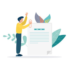 A person putting a paperclip on a document. the concept of a file attached to an email or attached to an email, sending a letter. Flat vector illustration for poster, banner.

