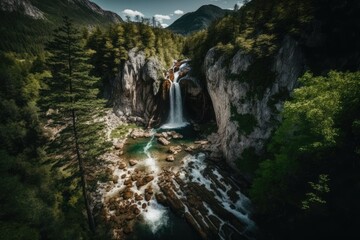 Naklejka na ściany i meble breathtaking waterfall surrounded by lush green trees and plants in a peaceful forest setting. Generative AI