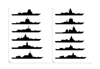 Warship silhouette set. Naval ship collection. Naval ships from the side view.