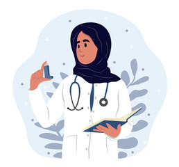 A young smiling Muslim woman doctor man holds an inhaler for inhalation in his hands. Childrens doctor. Bronchial Asthma. Allergy, asthmatic. Inhalation drug. World Asthma and Allergy Day.