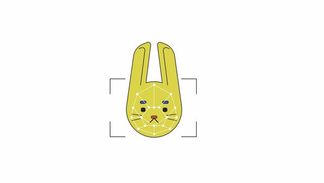 AI scanning bunny face animation. Animated rabbit animal 2D cartoon flat colour line character. Computer vision 4K video concept footage on white with alpha channel transparency for web design