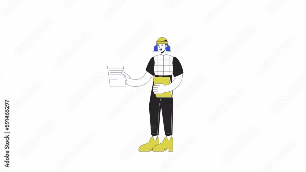Poster girl handing out papers animation. college student with documents isolated 2d cartoon flat colour li