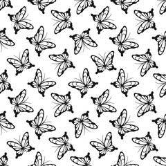 Black lace butterflies on white background. Vector seamless pattern. Best for textile, print, wallpapers, and wedding decoration.