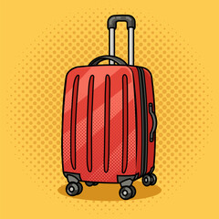 Wheeled travel luggage suitcase with wheels baggage pinup pop art retro vector illustration. Comic book style imitation.