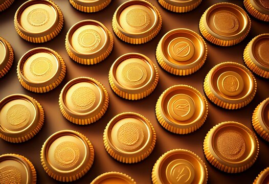 Blank, golden beer caps background, banner, top view. 3d illustration. Generative AI