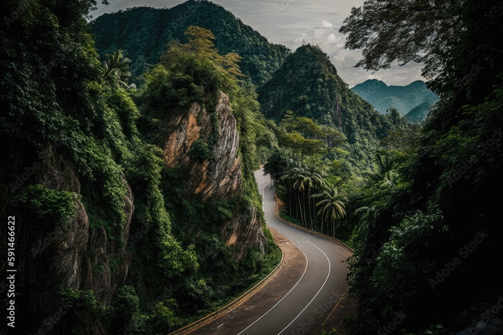 Wall mural scenic mountain road with greenery on both sides. generative ai