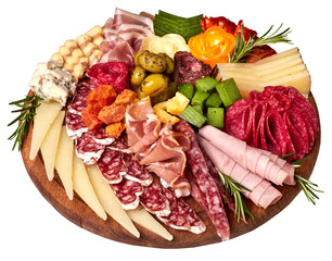 Appetizers boards with assorted cheese, salami, ham, grape and nuts. Charcuterie and cheese platter. Top view. Isolated.