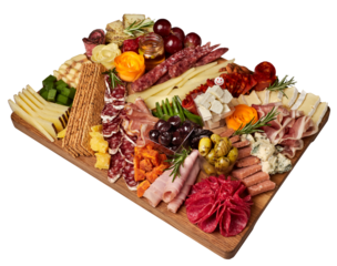 Appetizers boards with assorted cheese, salami, ham, grape and nuts. Charcuterie and cheese platter. Top view. Isolated.