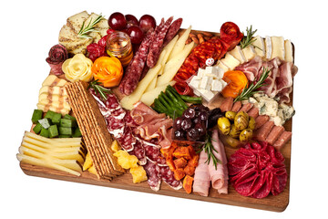Appetizers boards with assorted cheese, salami, ham, grape and nuts. Charcuterie and cheese...