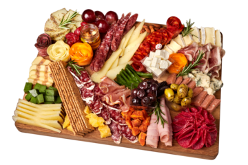 Appetizers boards with assorted cheese, salami, ham, grape and nuts. Charcuterie and cheese platter. Top view. Isolated.