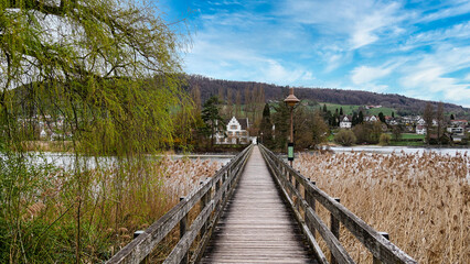 Fototapeta premium Fußgängerbrücke zur Flussinsel Werd in Eschenz / Schweiz