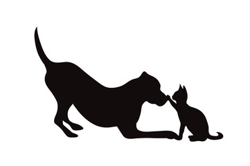 Vector silhouette of couple of dog and cat on white backgroud.