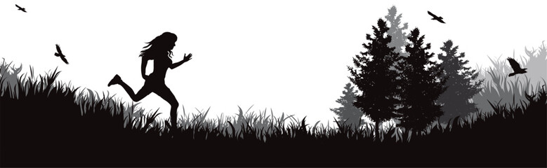 Vector silhouette of happy woman running in nature.