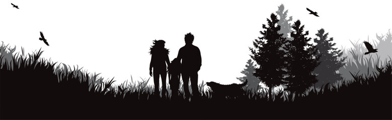 Vector silhouette of happy family walking in nature. - 591467430
