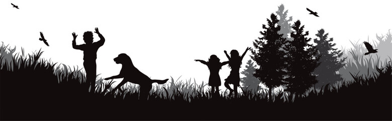 Fototapeta na wymiar Vector silhouette of happy children with their dog in nature.