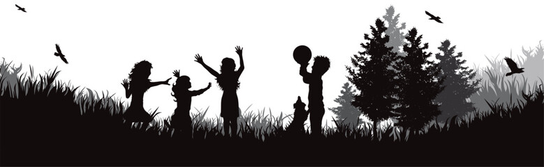 Vector silhouette of happy children with their dog in nature.