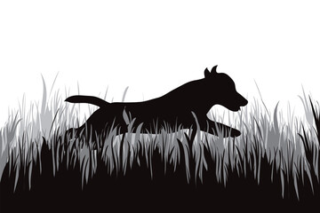 Vector silhouette of dog jumping in the grass.