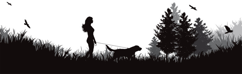Vector silhouette of happy woman walking with her dog in nature.